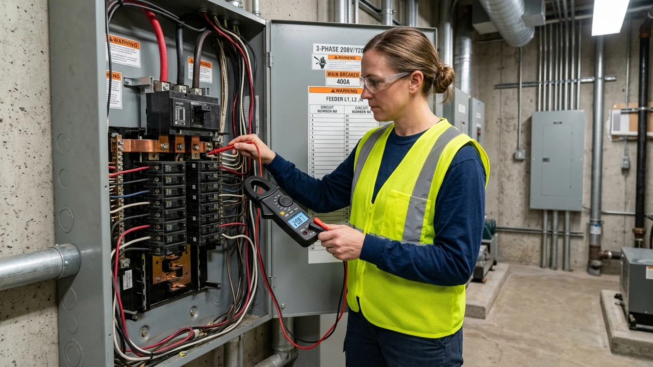 Figure 2: Commercial inspector in safety vest testing retail electrical breaker panel with digital clamp multimeter
