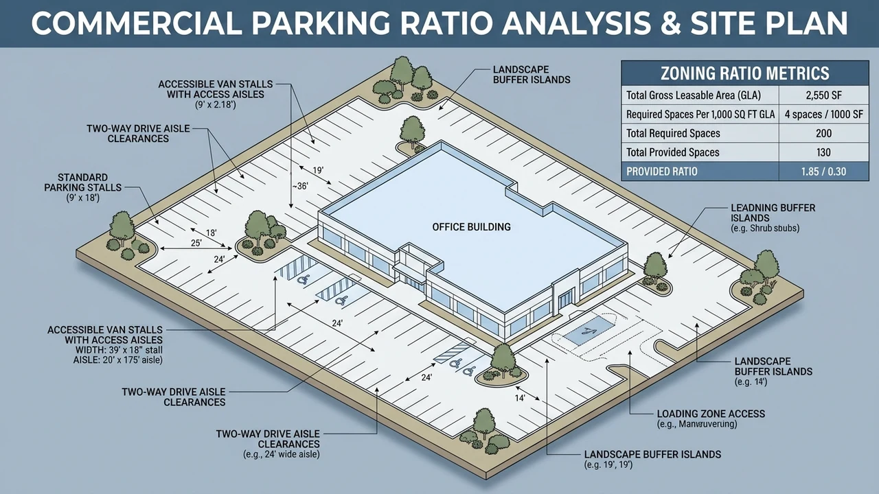 Figure 1: 3D isometric diagram of commercial property parking ratio requirements and traffic flow layout