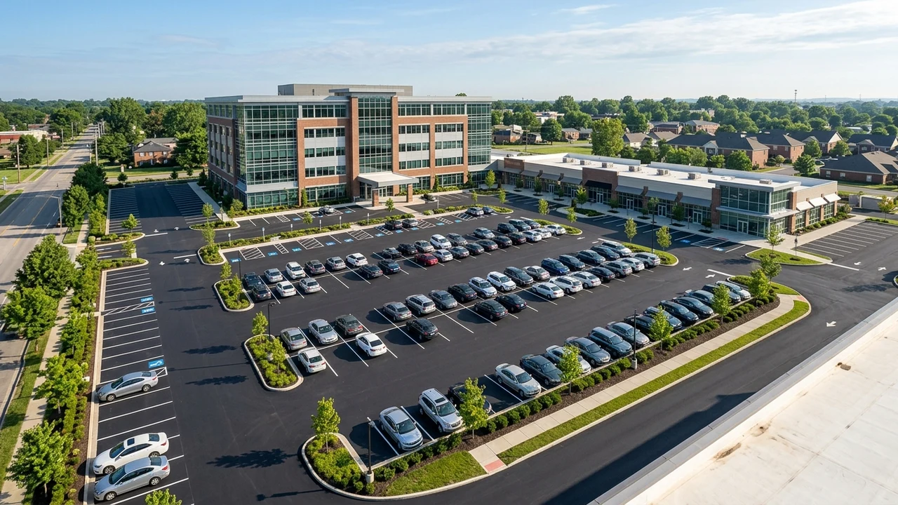 Commercial property asphalt parking lot with marked stalls and accessible parking