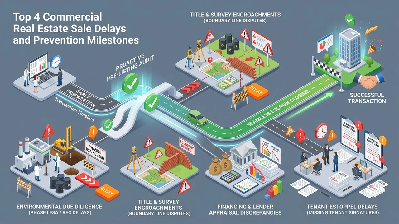 Figure 1: 3D isometric timeline diagram detailing primary commercial property transaction delay checkpoints and solutions