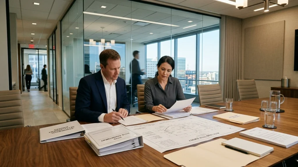 Commercial real estate professionals reviewing title commitments and closing documents on conference desk