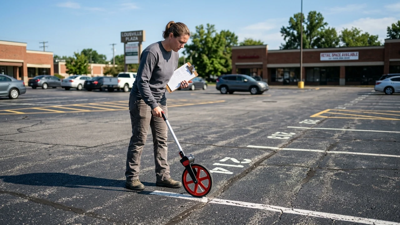 Figure 2: Commercial property inspector measuring parking space dimensions with a surveyor measuring wheel
