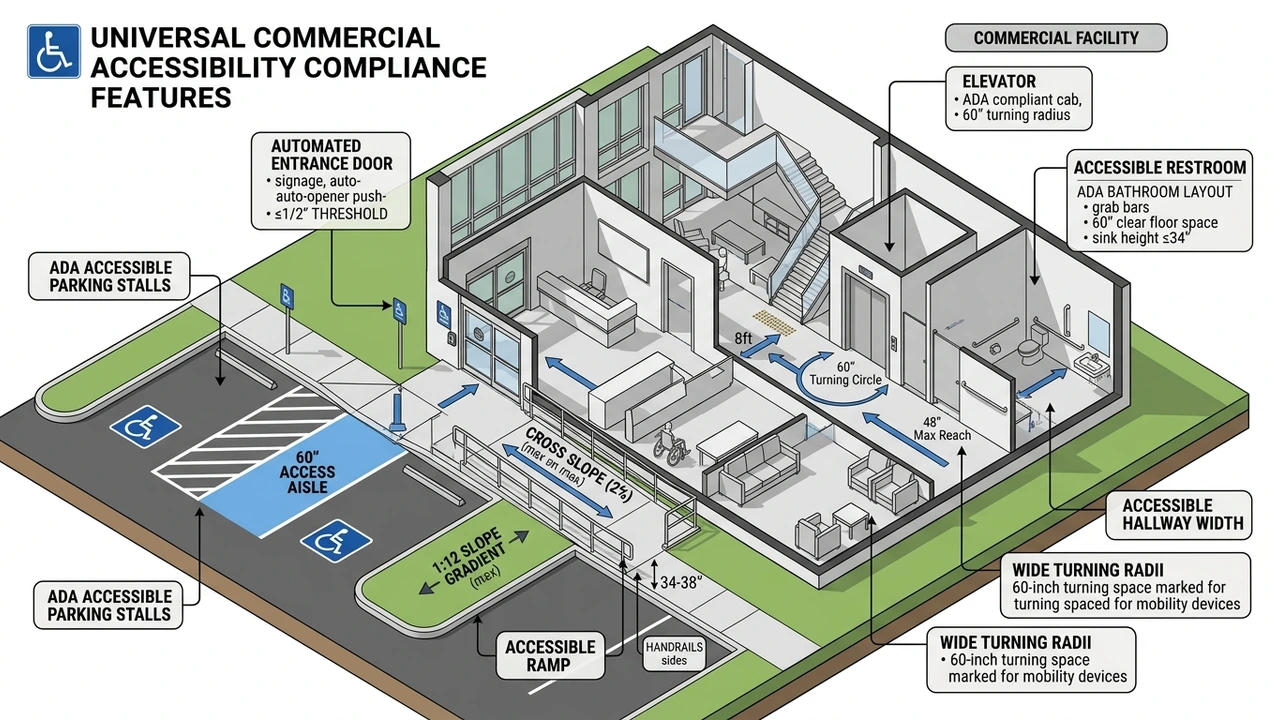 Figure 1: 3D isometric compliance diagram showing commercial property accessibility inspection checkpoints