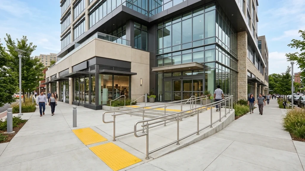 Commercial office building entrance with concrete ADA accessible ramp and tactile paving in Louisville KY