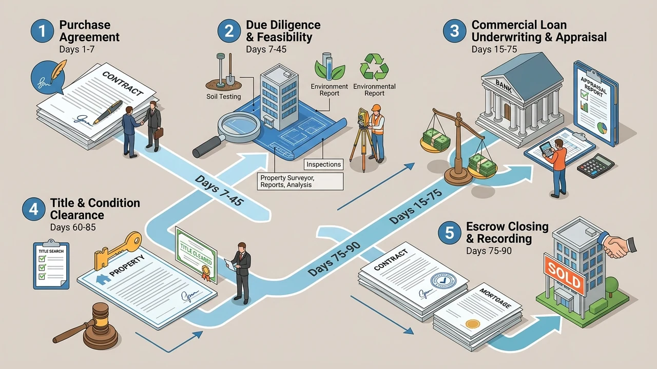 Figure 1: 3D isometric timeline infographic of commercial real estate financing stages from purchase agreement to escrow closing