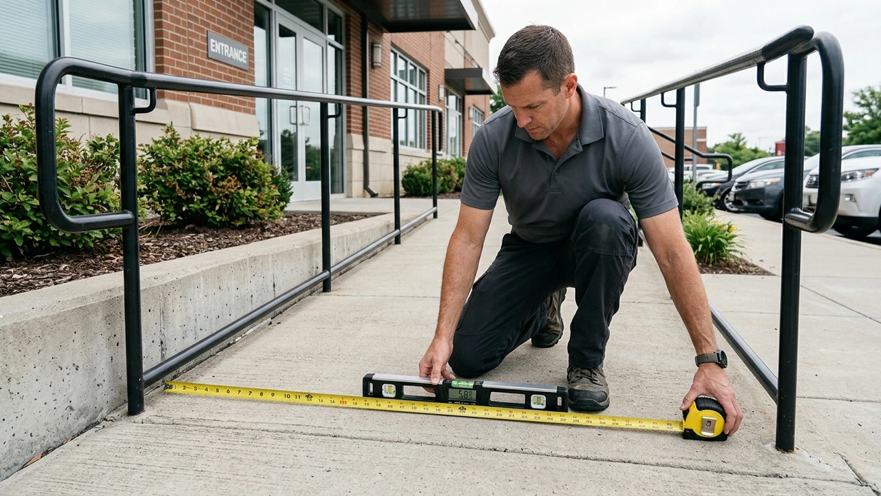 Figure 2: Commercial property inspector measuring concrete entrance ramp slope with a digital spirit level