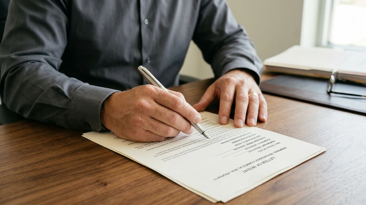 Figure 2: Commercial real estate advisor reviewing printed letter of intent and purchase terms on executive desk