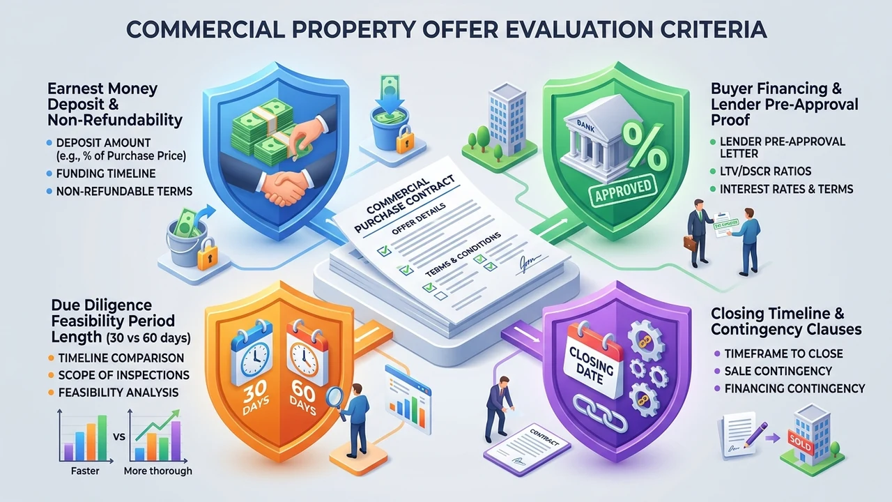 Figure 1: 3D isometric checklist infographic illustrating commercial property offer evaluation criteria