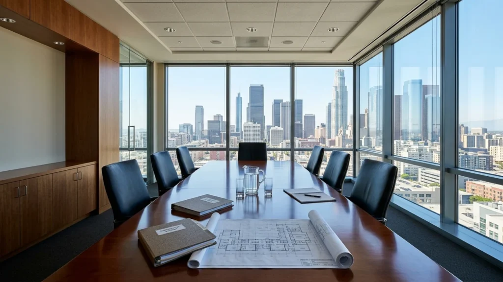 Modern corporate boardroom overlooking city skyline with commercial sale closing documents and blueprints