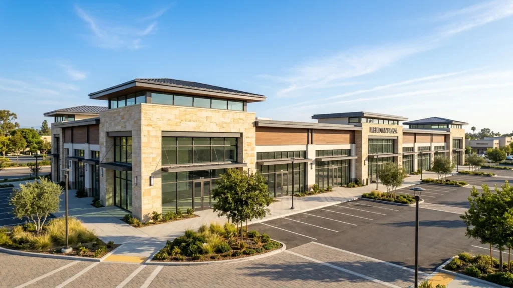 Modern commercial retail plaza exterior with architectural stone accents under morning sun