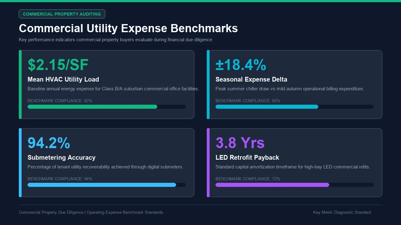 KPI benchmark dashboard analyzing commercial office utility expenses submetering accuracy and payback timeframes