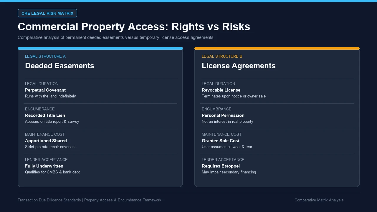 Comparative decision matrix analyzing permanent deeded easements versus temporary revocable access licenses