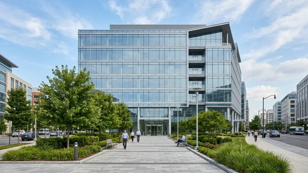 Executive modern glass commercial office building exterior in daylight representing commercial real estate investment