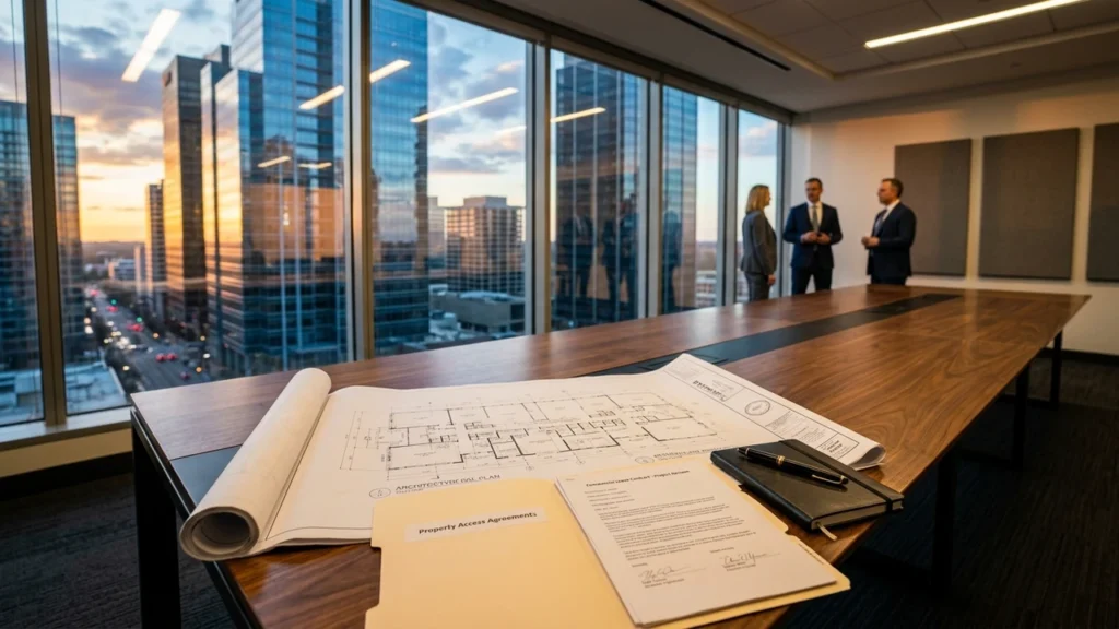 Commercial real estate boardroom table with architectural blueprints and property access agreement contract