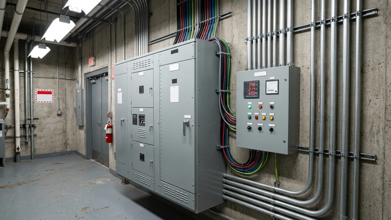 High-voltage commercial power distribution switchgear panel and digital submetering system in commercial building