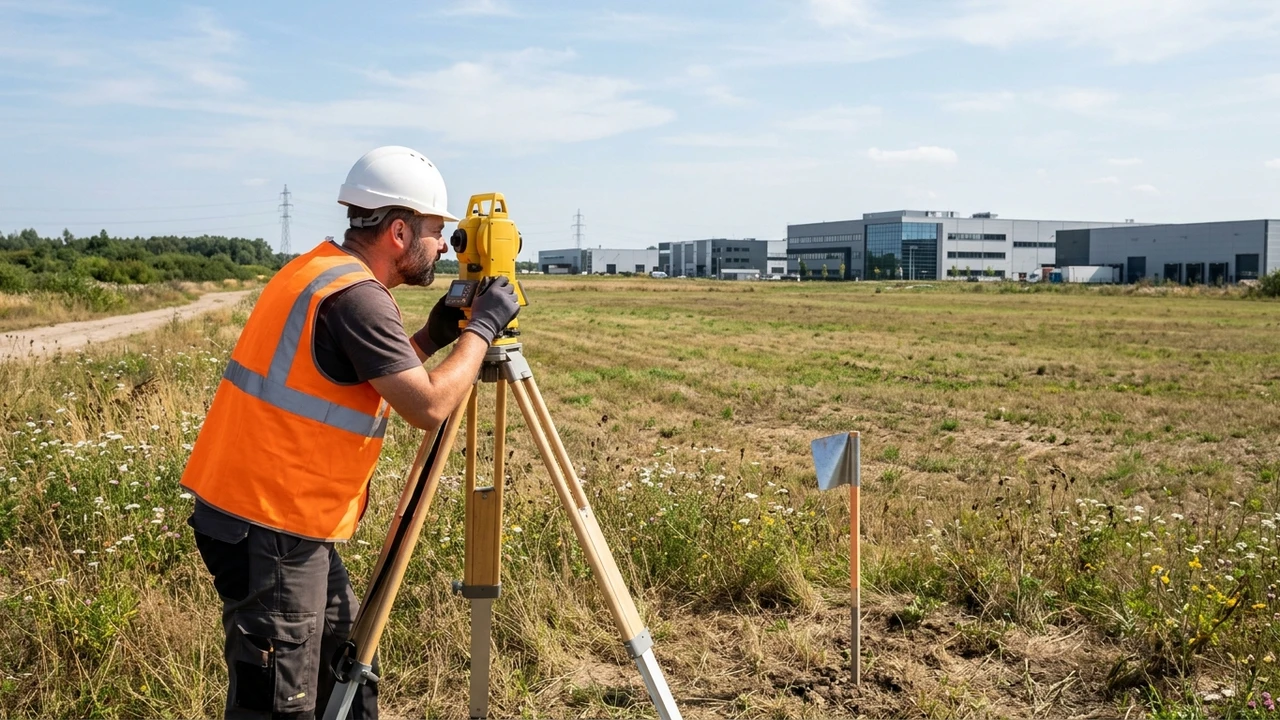 Commercial property surveyor using electronic total station tripod surveying access easement boundary line