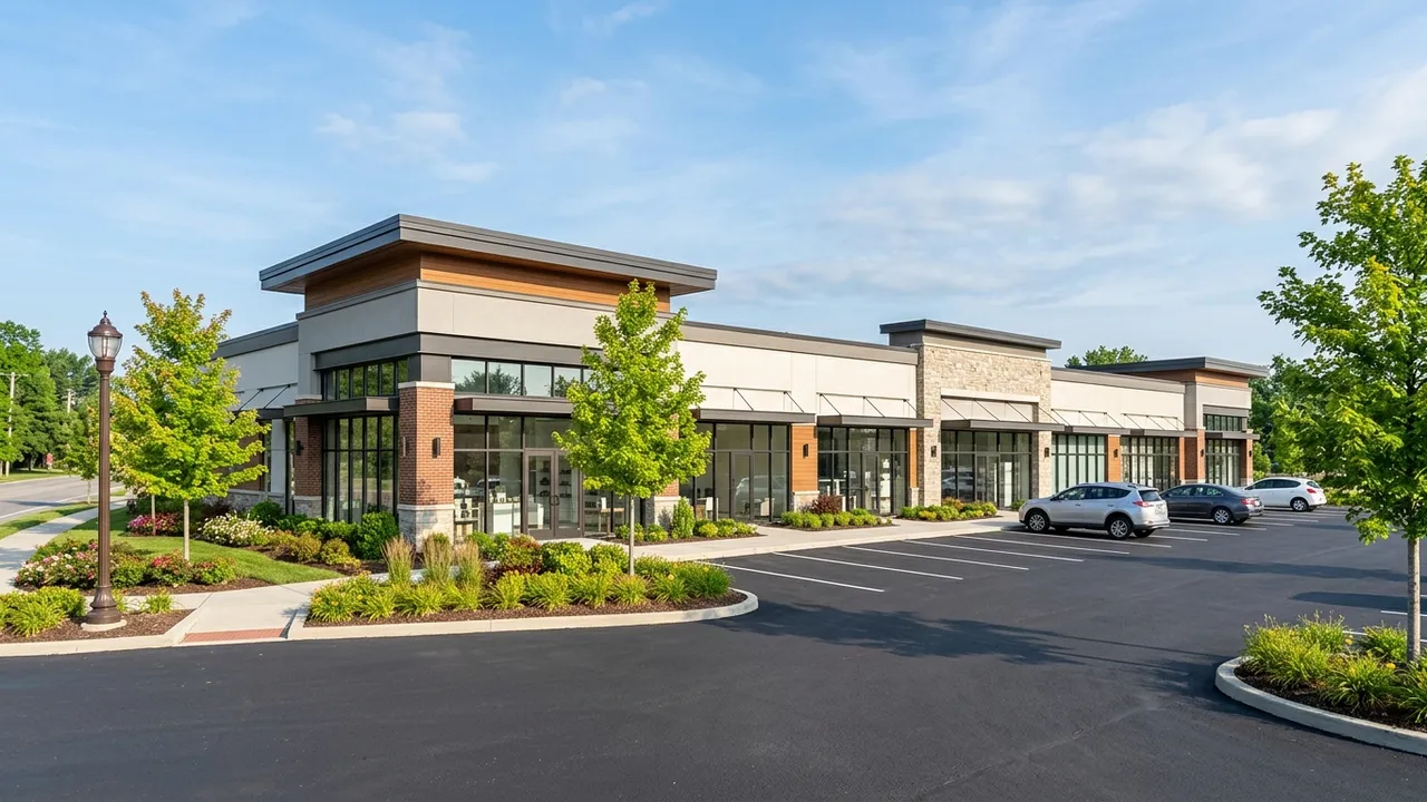 Modern suburban commercial retail strip center with updated exterior facade and landscaping