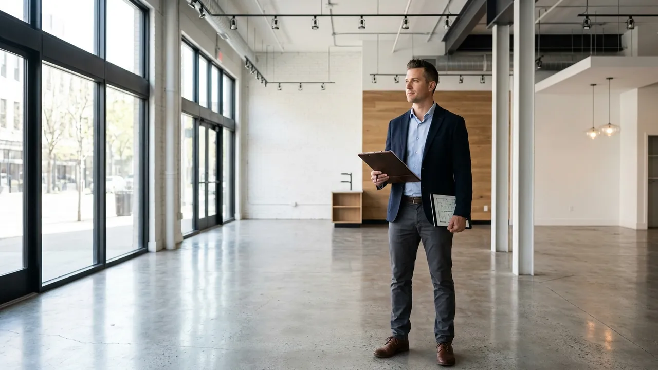 Commercial real estate broker with clipboard evaluating interior retail property condition