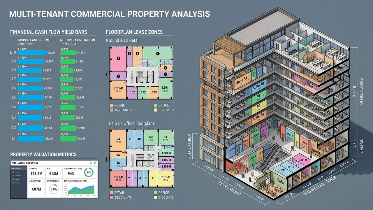 Isometric architectural diagram showing multi-tenant floorplans, lease zones, and cash flow yield