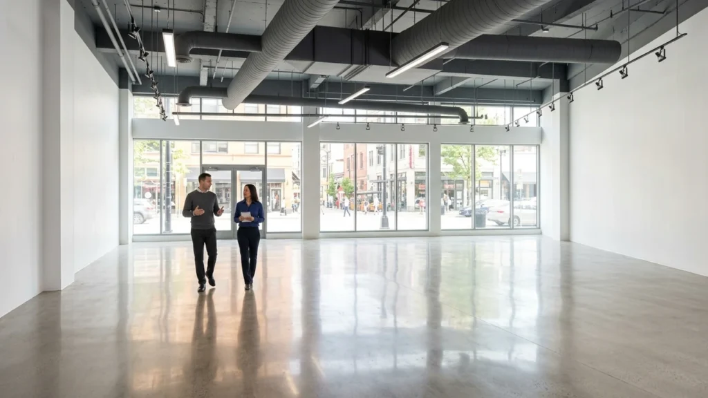Commercial real estate broker and investor walking through vacant retail showroom with polished concrete floors