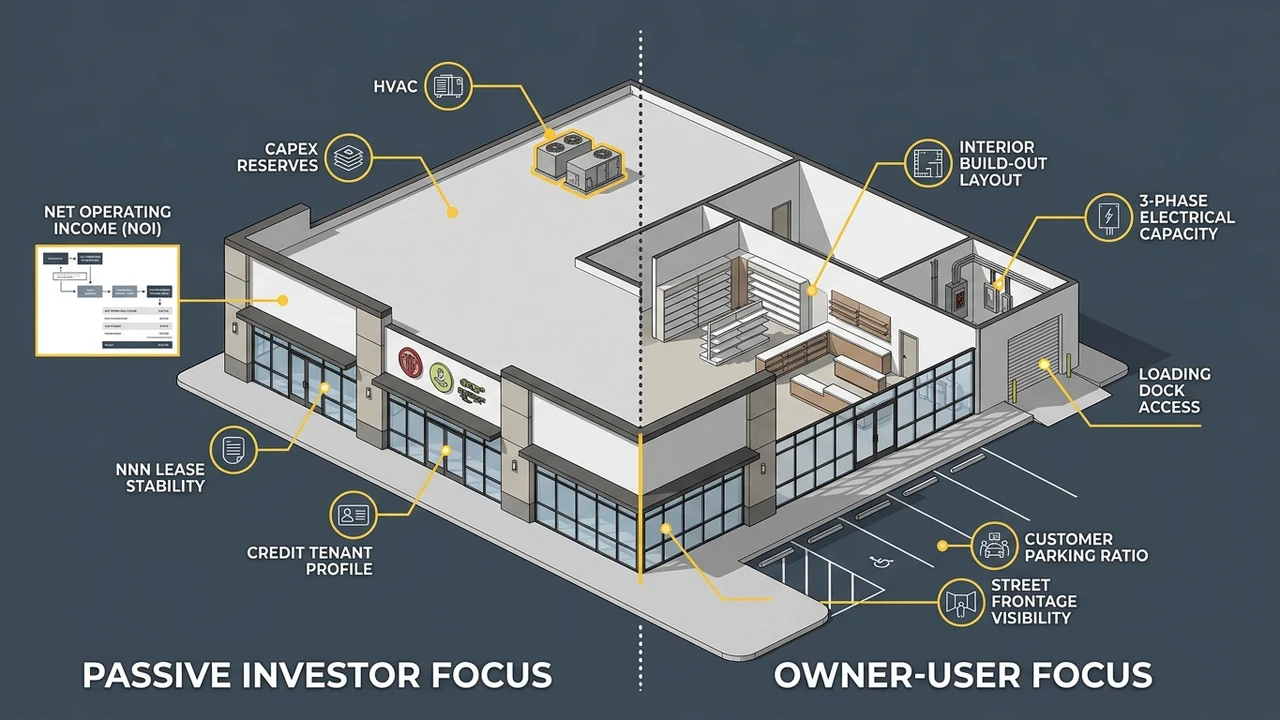 Figure 1: 3D isometric diagram comparing retail commercial property investor buyer vs owner-user acquisition criteria