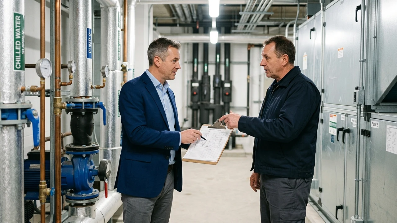 Commercial real estate broker and on-site facility technician reviewing mechanical maintenance records and equipment logs in a commercial building