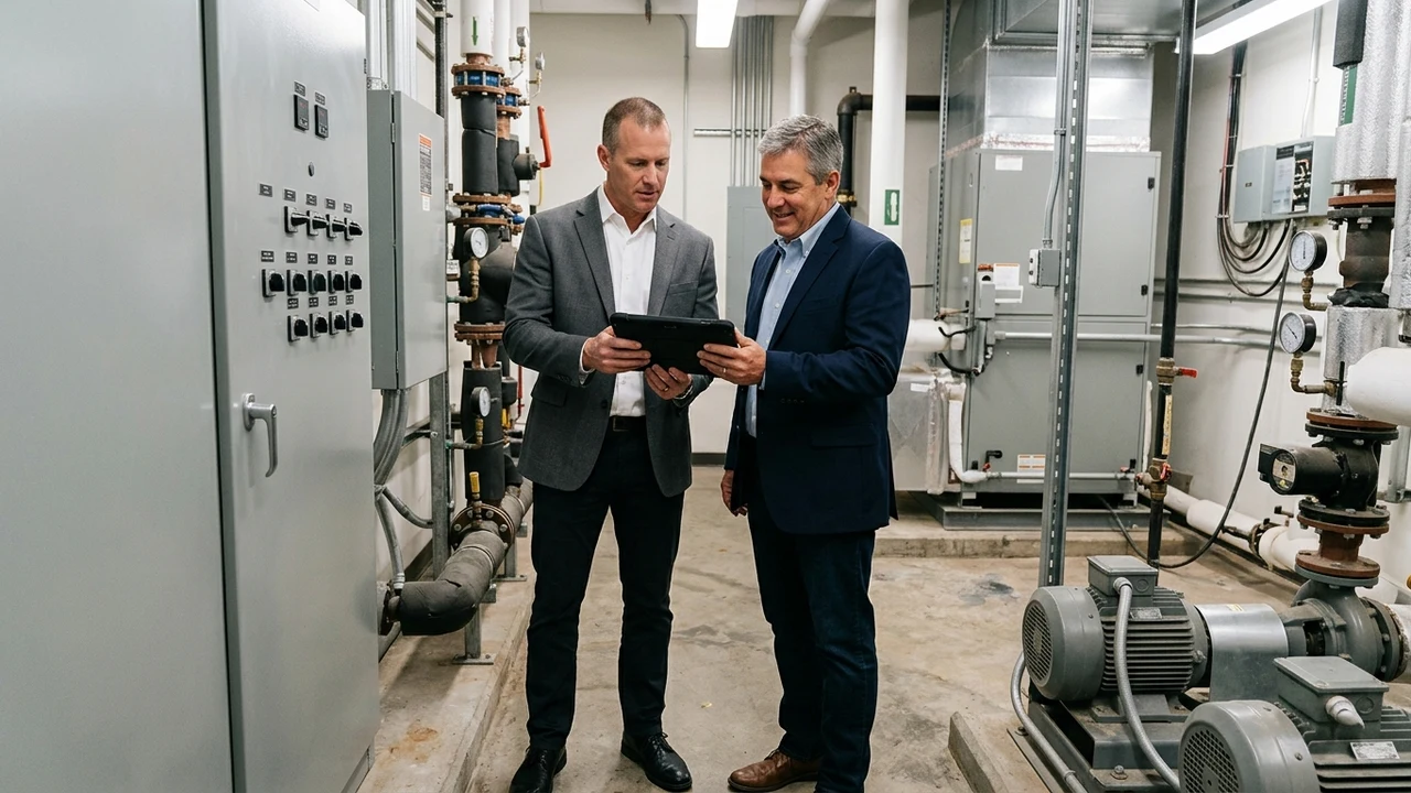 Commercial real estate broker and property owner conducting a pre-sale walkthrough of building mechanical and electrical systems