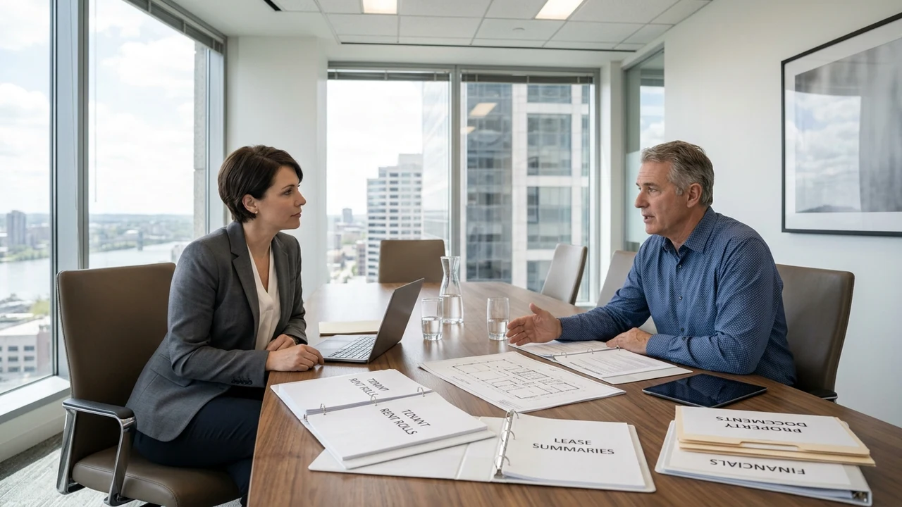 Commercial real estate broker in plain charcoal blazer reviewing rent rolls and tenant lease files with building owner