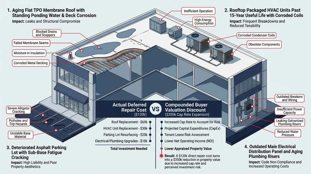 Figure 1: 3D cutaway diagram of commercial property deferred maintenance zones comparing repair cost to buyer cap rate discount
