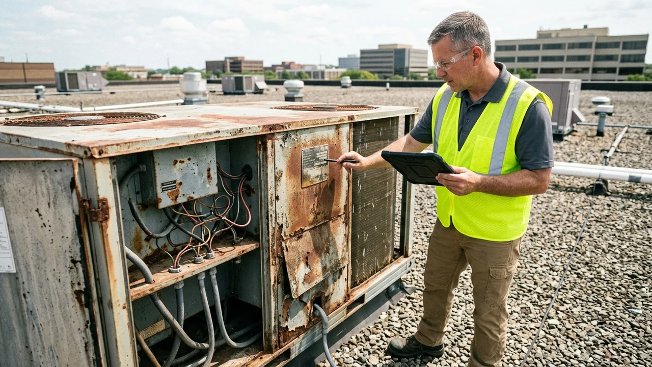 Figure 2: Commercial building inspector on gravel flat roof examining open electrical panel of aged rooftop HVAC unit
