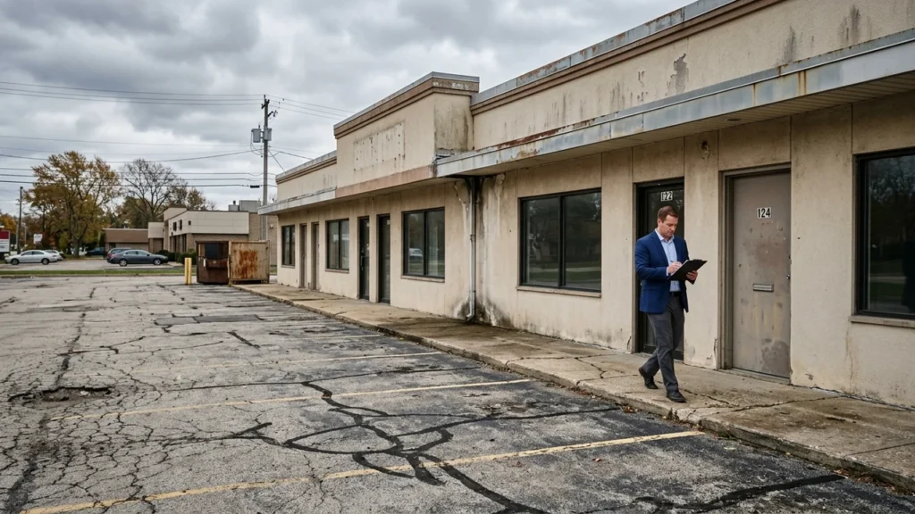 Commercial real estate broker walking exterior parking lot of commercial building with visible deferred maintenance
