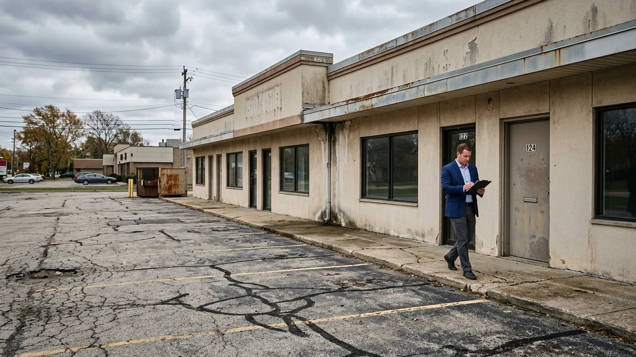 Commercial real estate broker walking exterior parking lot of commercial building with visible deferred maintenance
