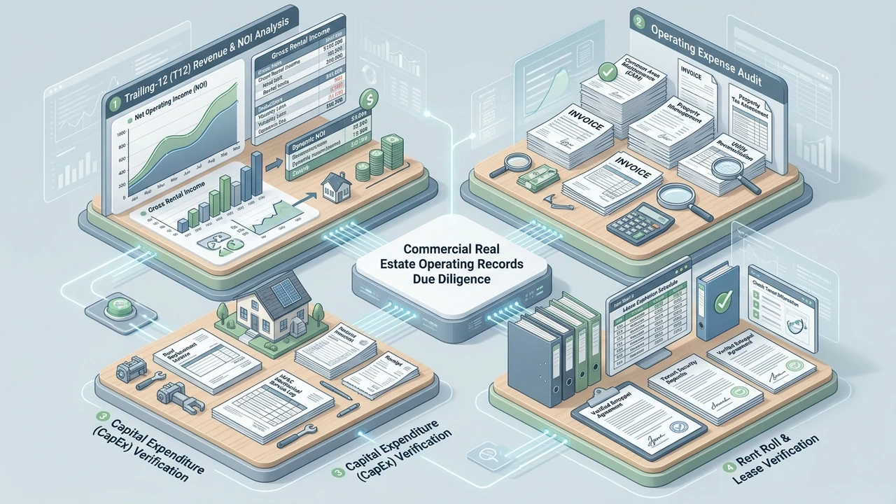 3D architectural underwriting flowchart diagram detailing commercial property operating records verification trailing twelve months NOI and lease audits