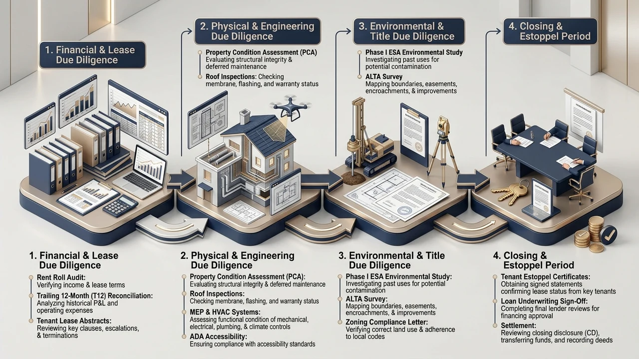 3D roadmap diagram outlining the commercial buyer due diligence process from initial document delivery through Phase 1 ESA to tenant estoppels and closing