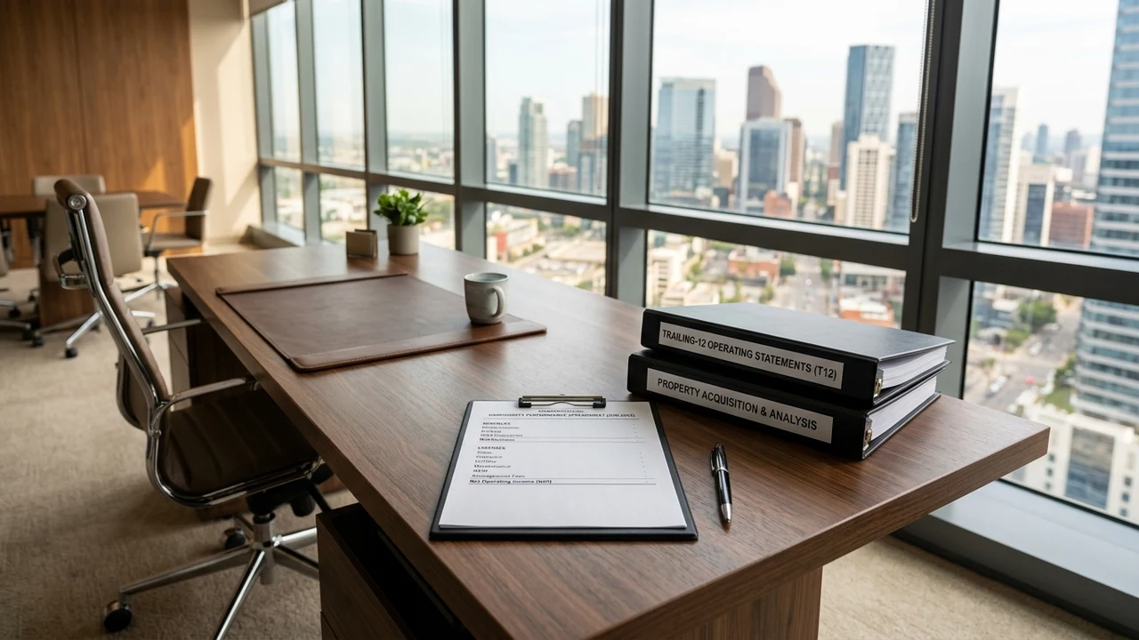 Commercial real estate due diligence binder with certified rent rolls operating statements and capital expenditure logs on oak desk