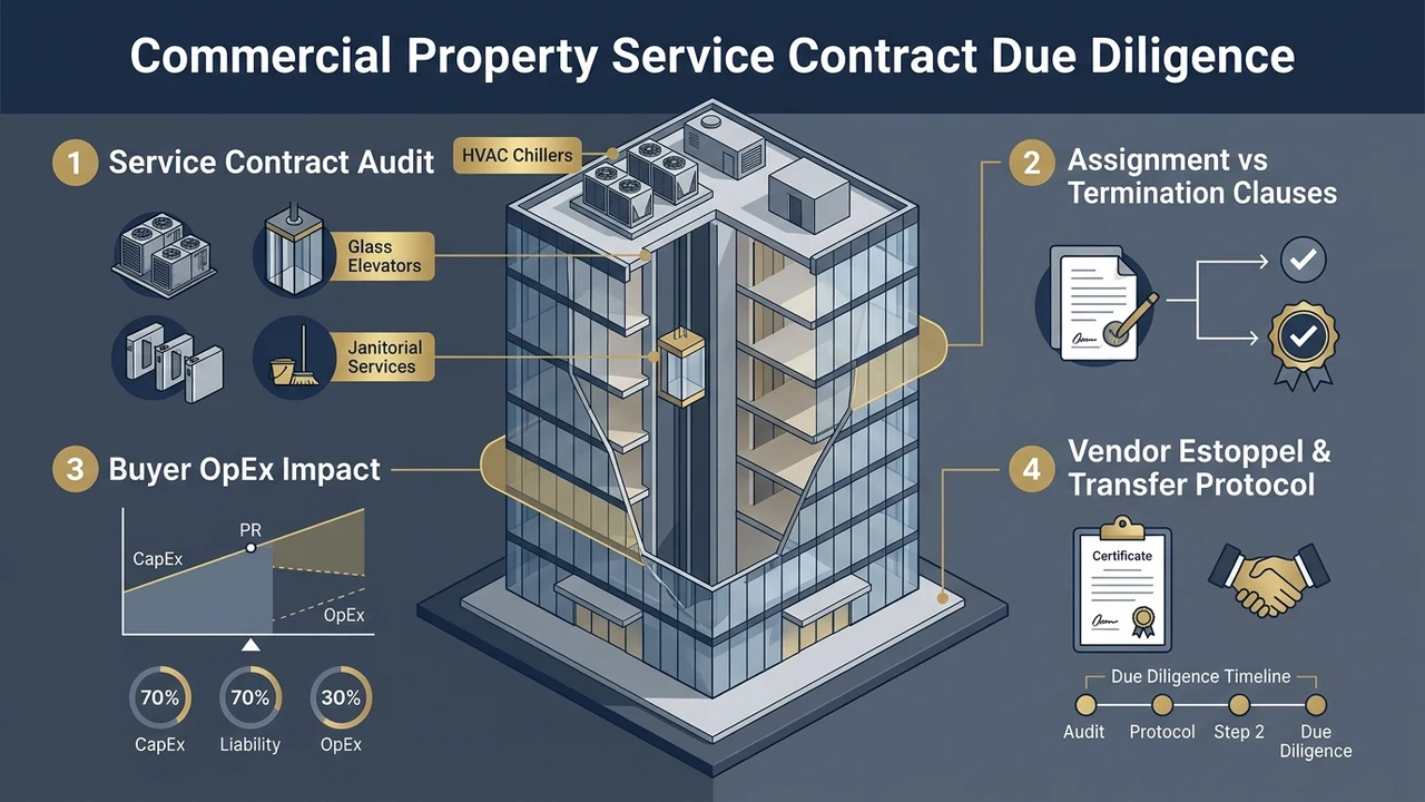 3D architectural flowchart analyzing commercial service contract audit phases, assignment vs termination liability, and vendor estoppel protocols