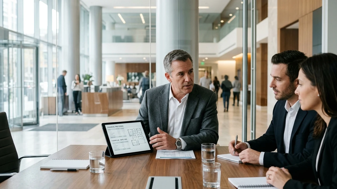 Commercial real estate investment advisor in plain charcoal suit reviewing rent rolls and lease abstracts with client in conference room