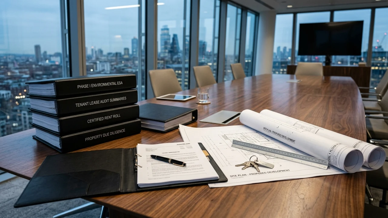 Commercial property seller due diligence records, Phase 1 environmental reports, and rent rolls reviewed on a conference table