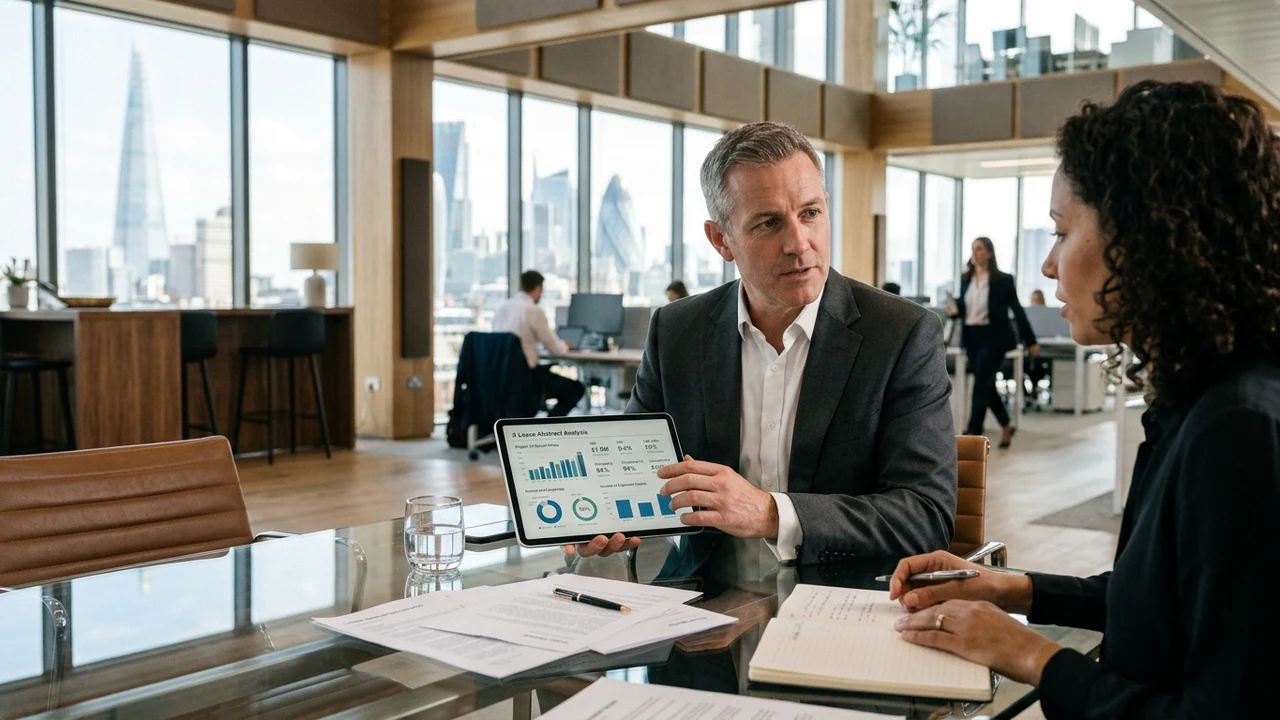Commercial real estate financial analyst in plain charcoal blazer auditing tenant lease abstracts and utility operating expenses on computer in sunlit office