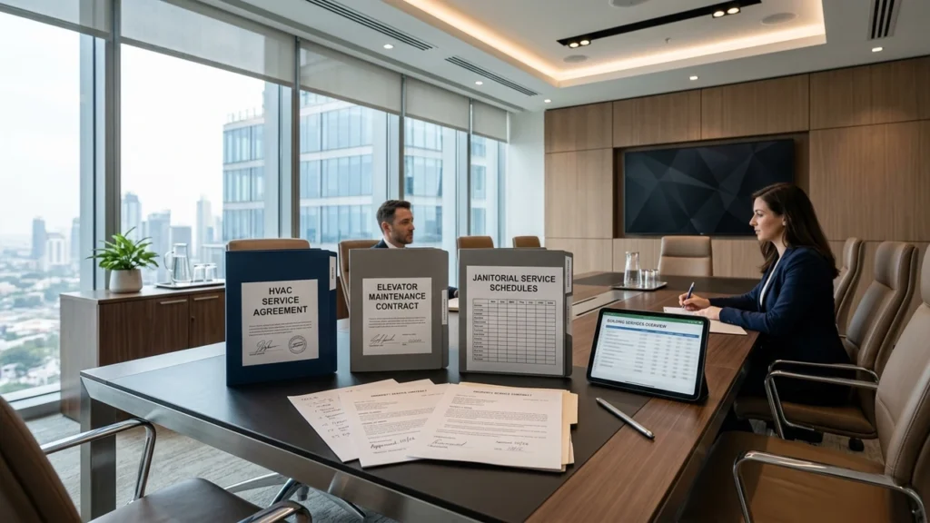 Executive conference table displaying reviewed commercial property service contracts, vendor agreements, and financial folders