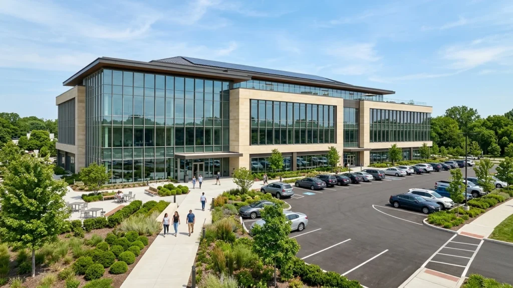 Modern multitenant commercial office and retail building plaza with landscaped exterior and parking
