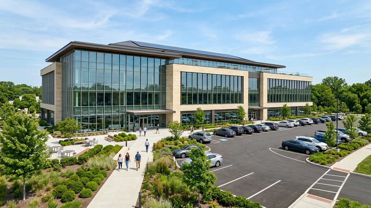 Modern multitenant commercial office and retail building plaza with landscaped exterior and parking