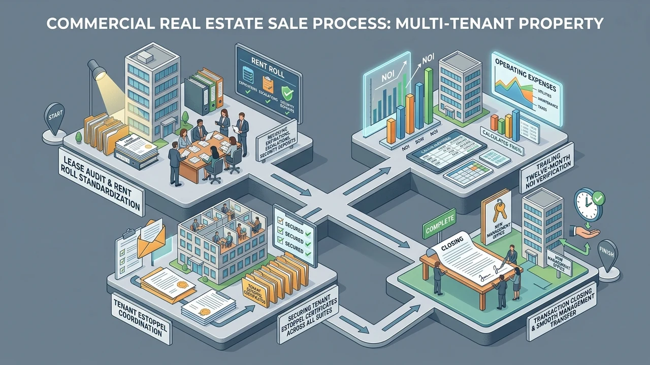 3D commercial real estate disposition flowchart outlining lease audits estoppel reconciliation and buyer due diligence
