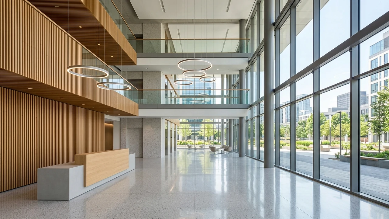 Modern multi-story commercial office building atrium lobby with polished stone flooring and warm natural lighting