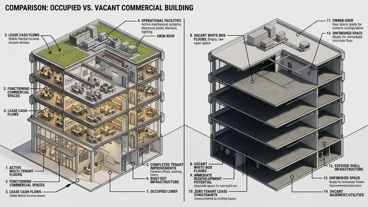 3D architectural comparison diagram of occupied versus vacant commercial real estate investment sales pathways