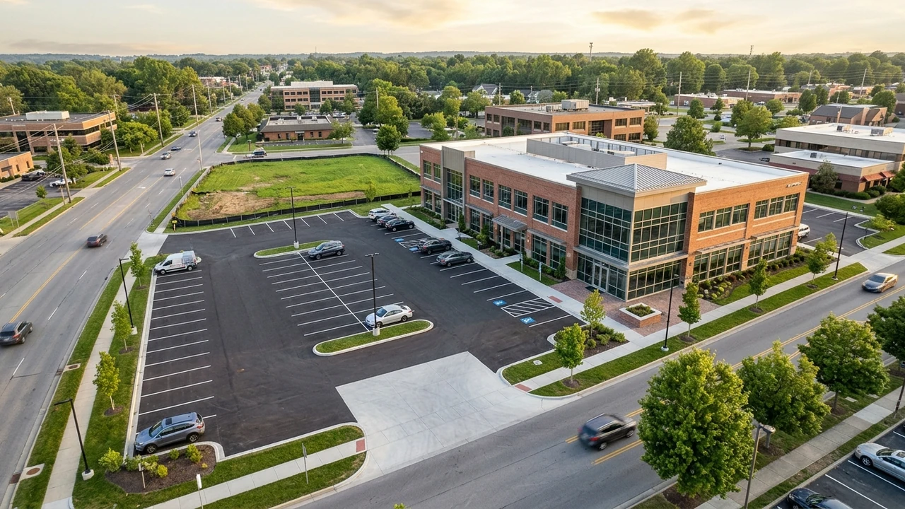 Elevated architectural view of a commercial brick-and-glass building, shared access driveway, and contiguous parking lot parcels