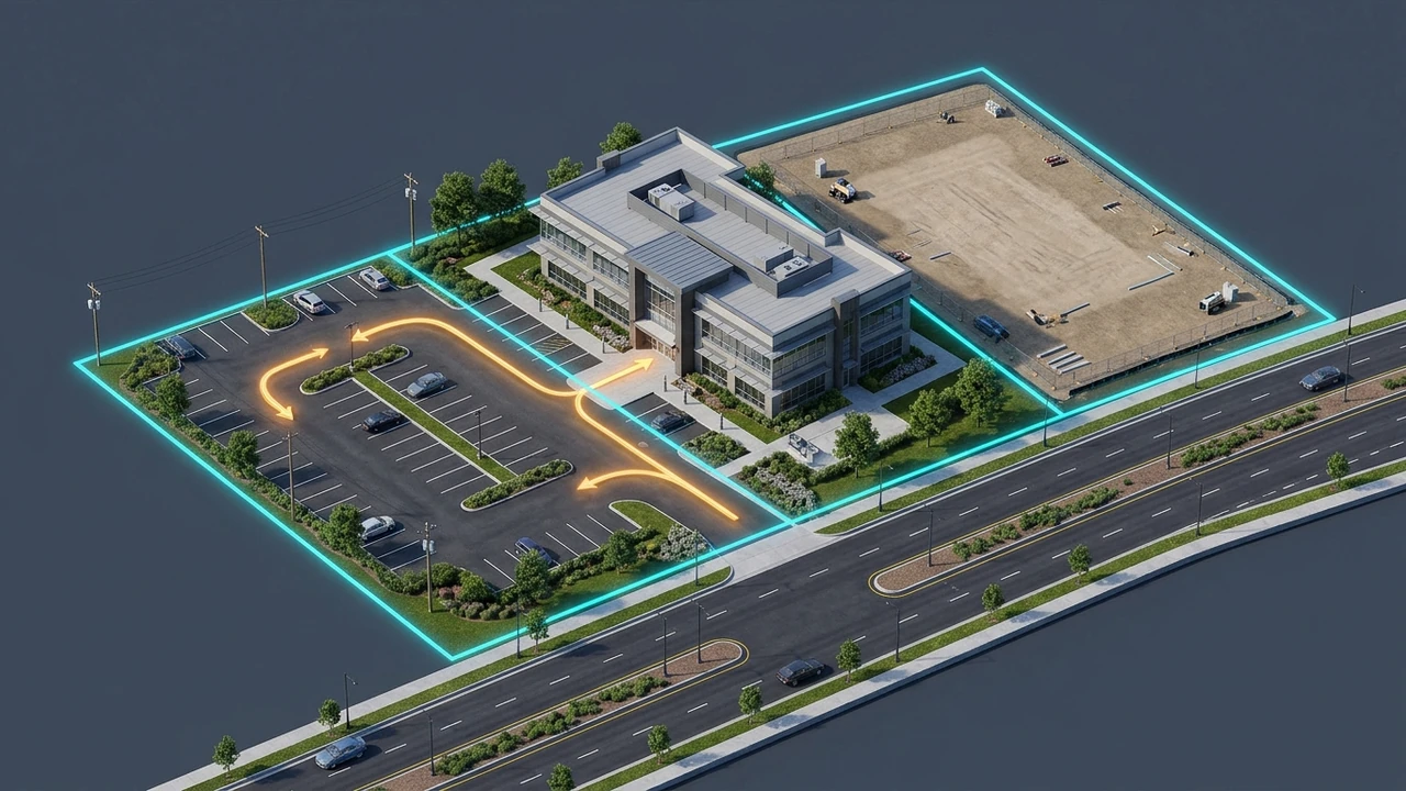 3D isometric architectural diagram showing three contiguous commercial land parcels separated by boundary lines and connected by a shared driveway easement