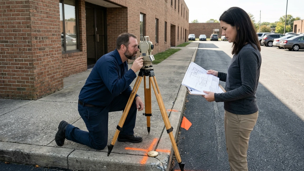 Land surveyor and commercial property specialist using a total-station survey tripod to verify parcel boundaries and driveway easements on a commercial site