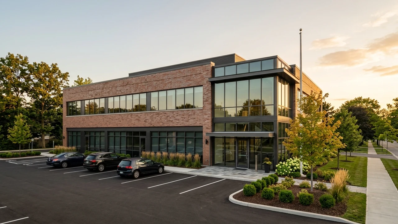 Owner-occupied commercial office and flex building exterior at golden hour