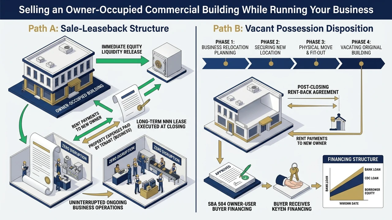 3D diagram comparing sale-leaseback vs vacant possession when selling an owner-occupied commercial building